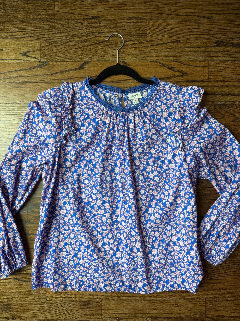 J. Crew Factory Blue Floral Ruffle-Shoulder Blouse